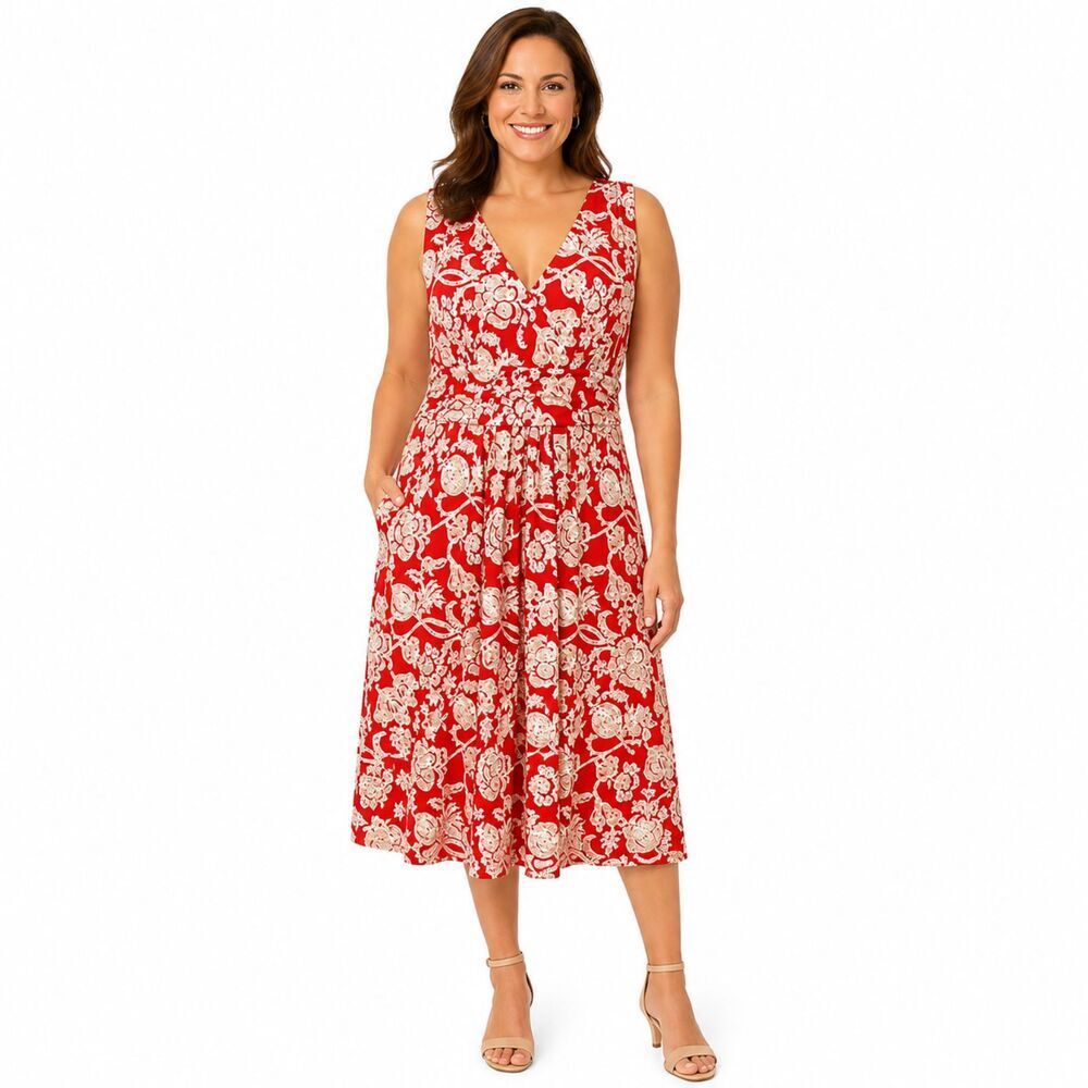 Ann Taylor Red Floral V-Neck Midi Dress Size Large NWOT
